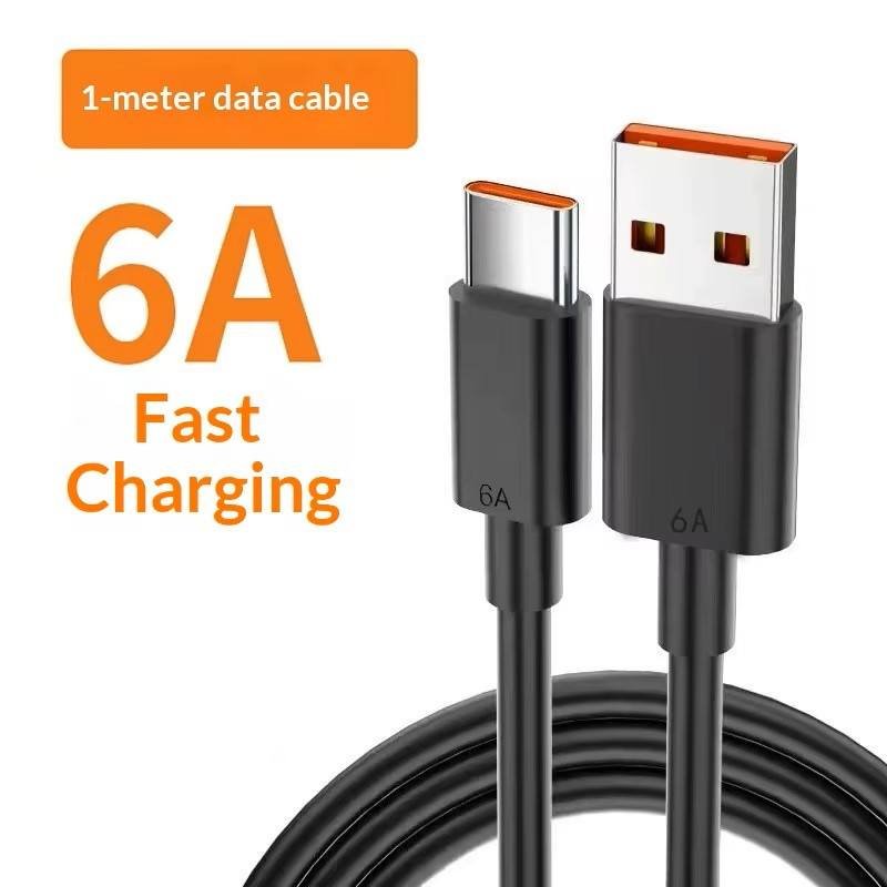 120W USB-C Data Cable, Black, Economical, PVC Coated, 6A Type-C Cable for Super Fast Charging for Cell Phones